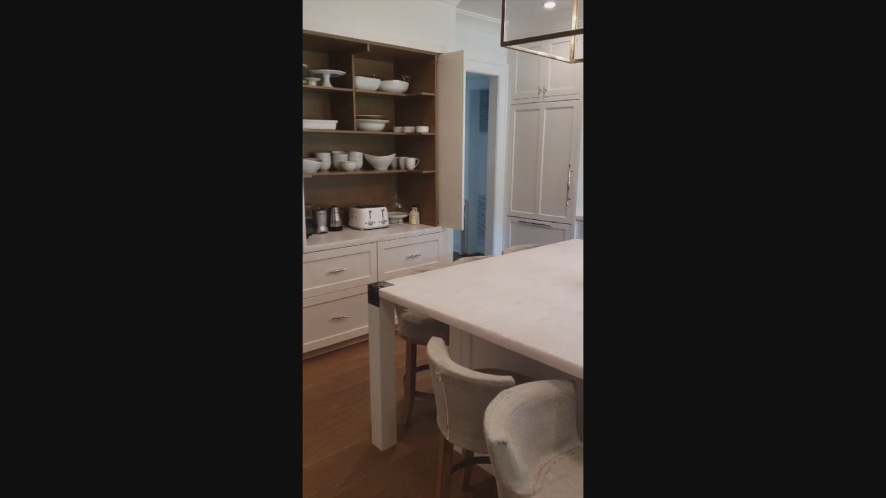 Load video: Ciuffo Cabinetry Transitional White Kitchen with Marble Countertops and Thermador Appliances