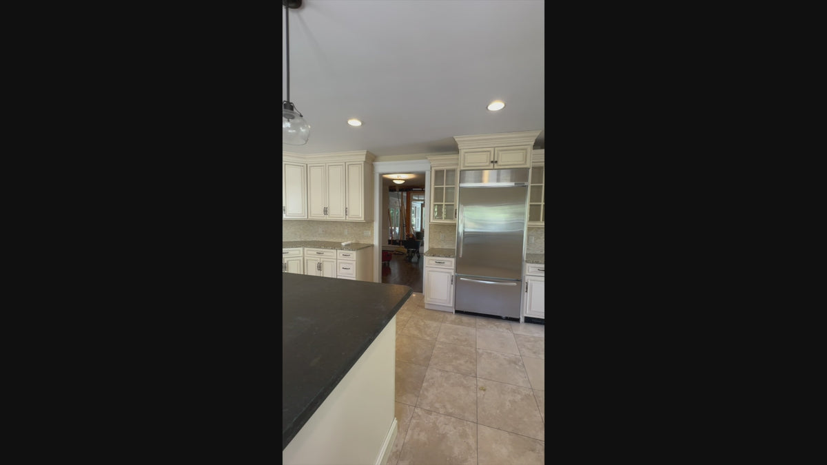 Load video: Fabuwood Off White Traditional Kitchen with Island &amp; Appliances