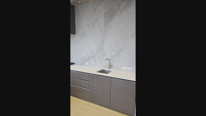 Custom Modern Wood Veneer Kitchen with White Marble Countertops and Wolf & Miele Appliances