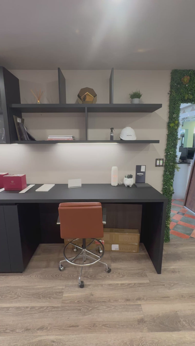 Muretti Modern Black Aluminum Framed Showroom Display Desk System with Storage and Open Shelving