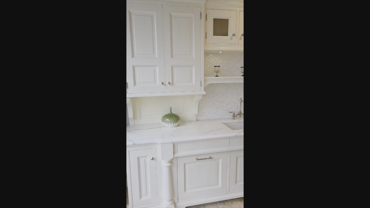 Load video: Showcase Transitional White Kitchen with Marble Countertops and La Cornue Chateau 120 Range with French Top