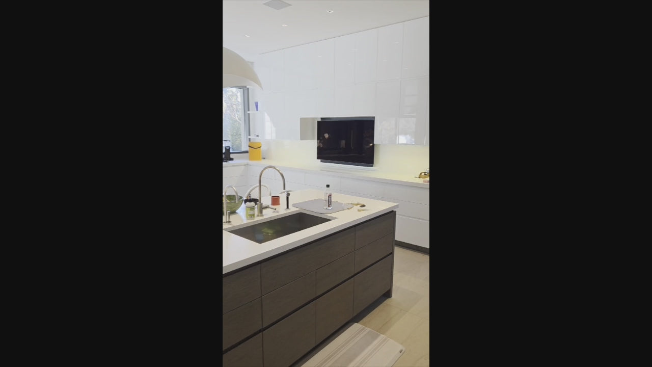 Load video: Custom Modern White Gloss Kitchen with Island, Stone Countertops and 60" Wolf Range