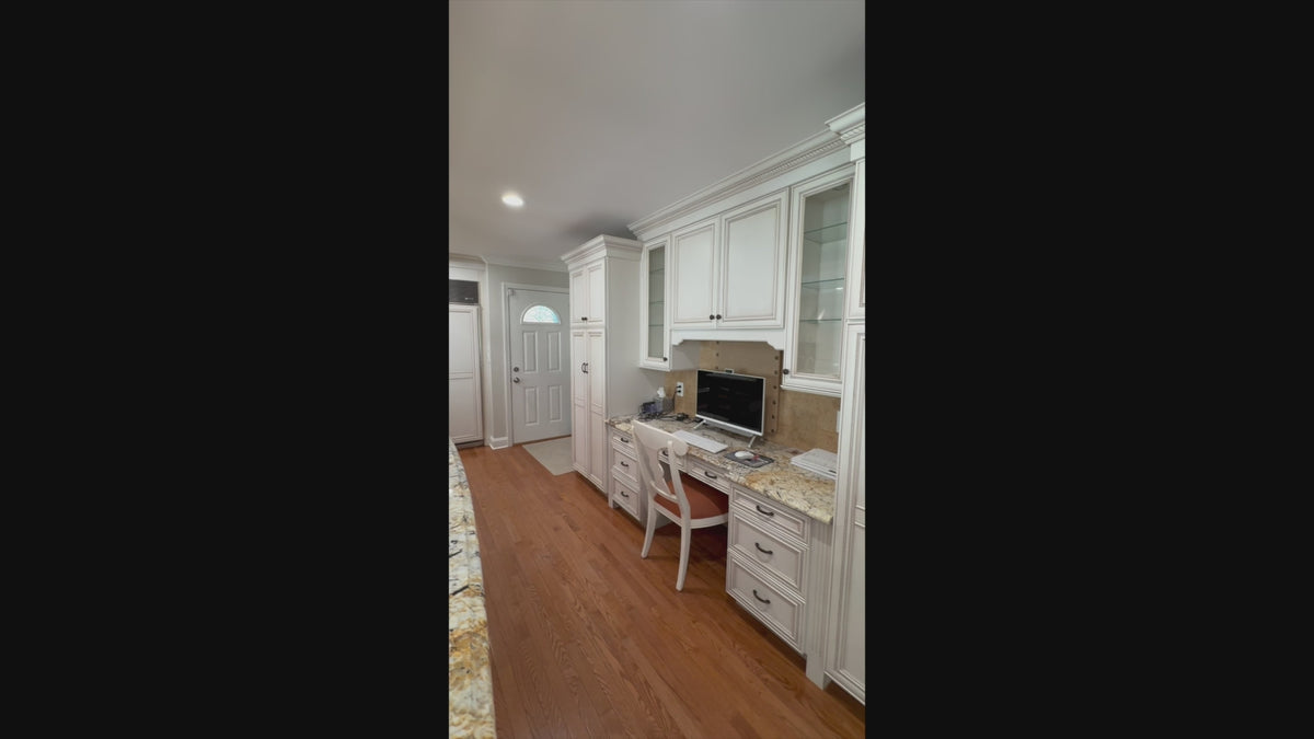 Load video: "The Chester" Traditional White Kitchen with Island, Desk Area &amp; Appliances