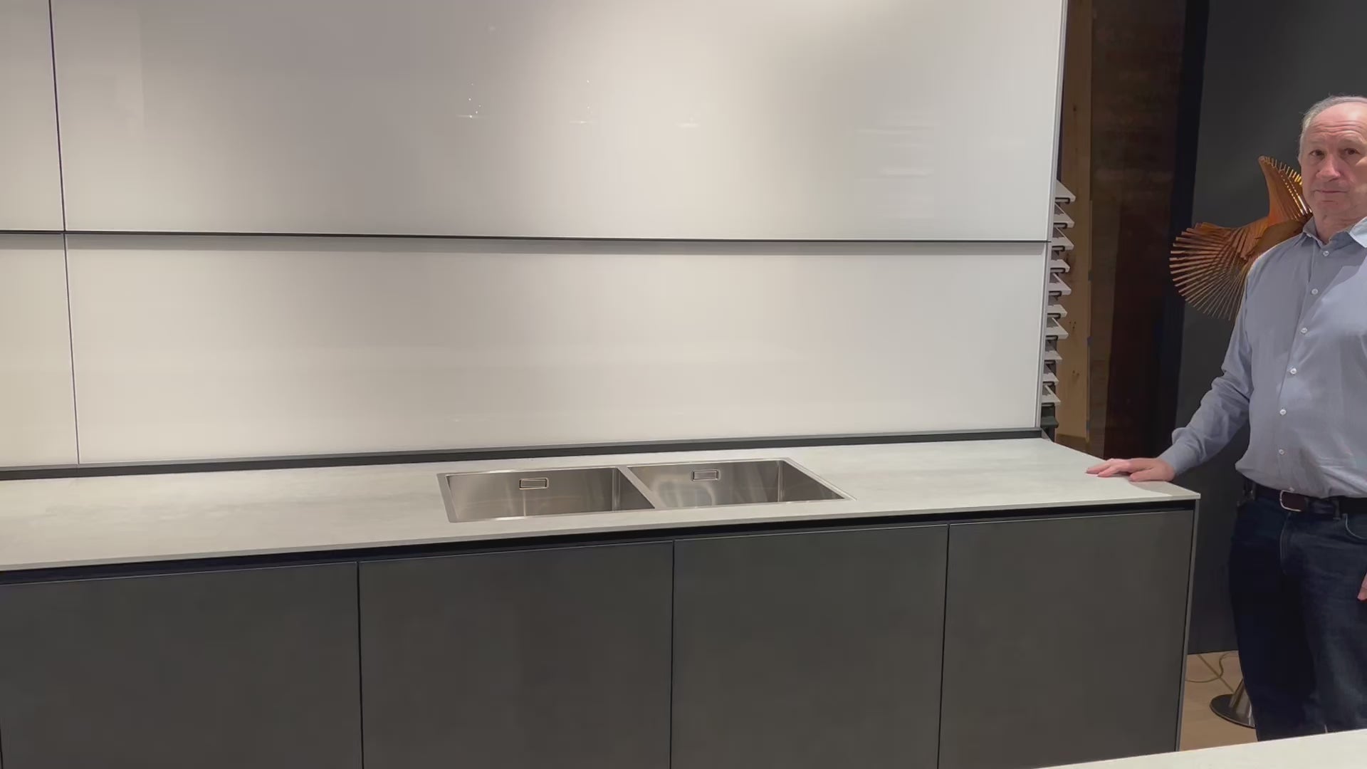 Load video: Valcucine Artematica Cool Matt Grey and White Glass Modern Kitchen with Island &amp; Gaggenau Appliances