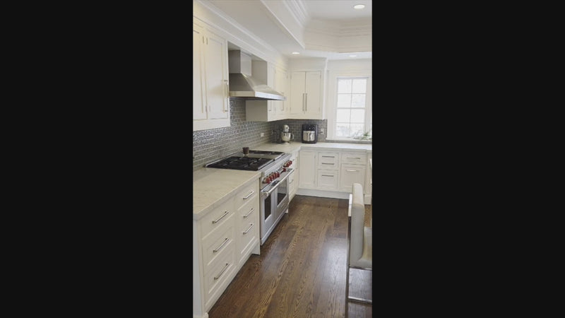 “The Clarendon” Transitional White & Grey Kitchen with Island and Wolf Appliances