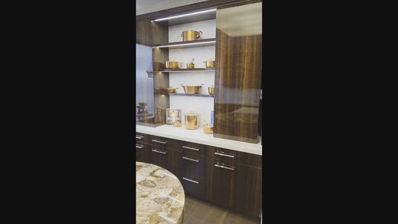 St. Charles Modern Kitchen with La Cornue Chateau Burgundy Cabinets and Glossy Eucalyptus with La Cornue Grand Palais 180 Rangetop and Custom Hood