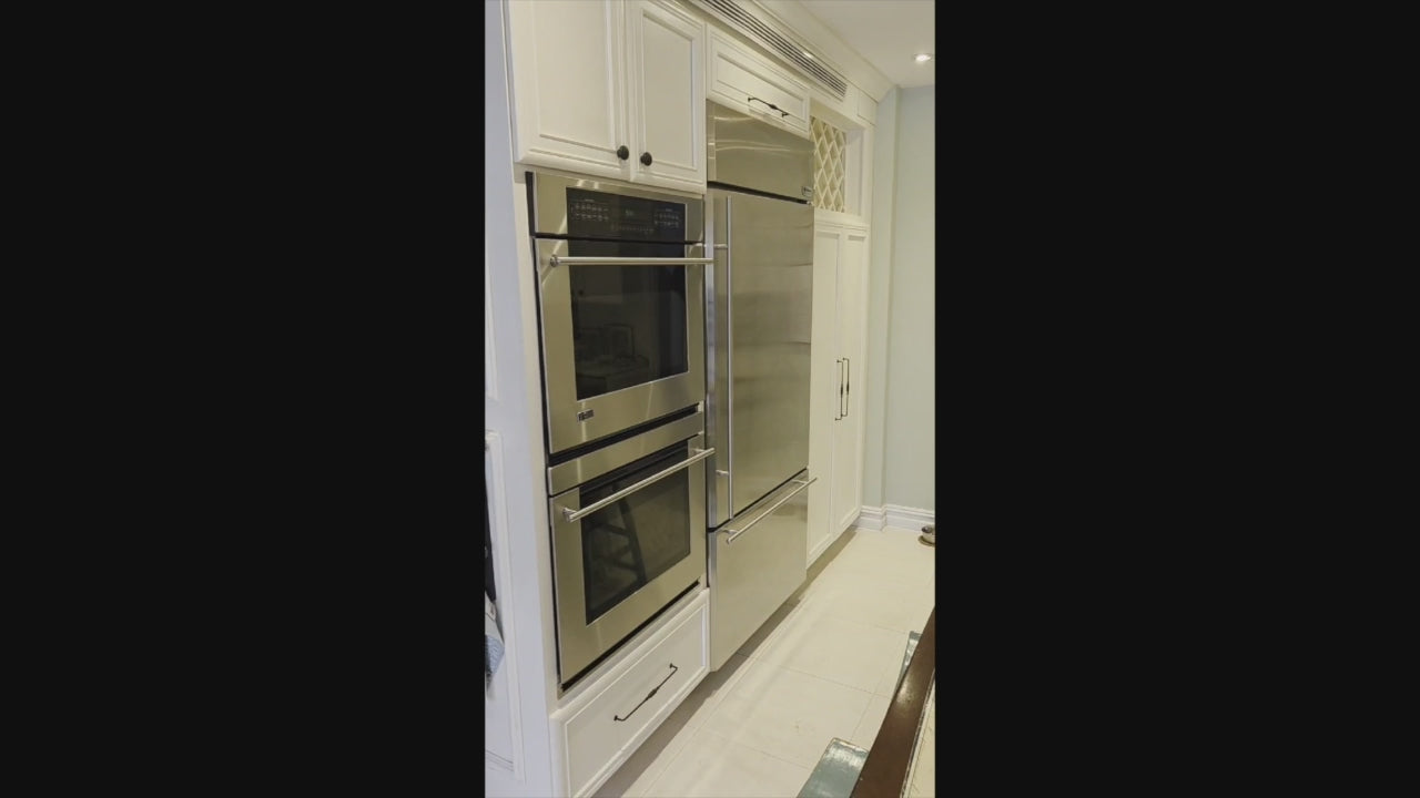 Load video: Candelight Traditional Off White Kitchen with Island and Monogram Appliances