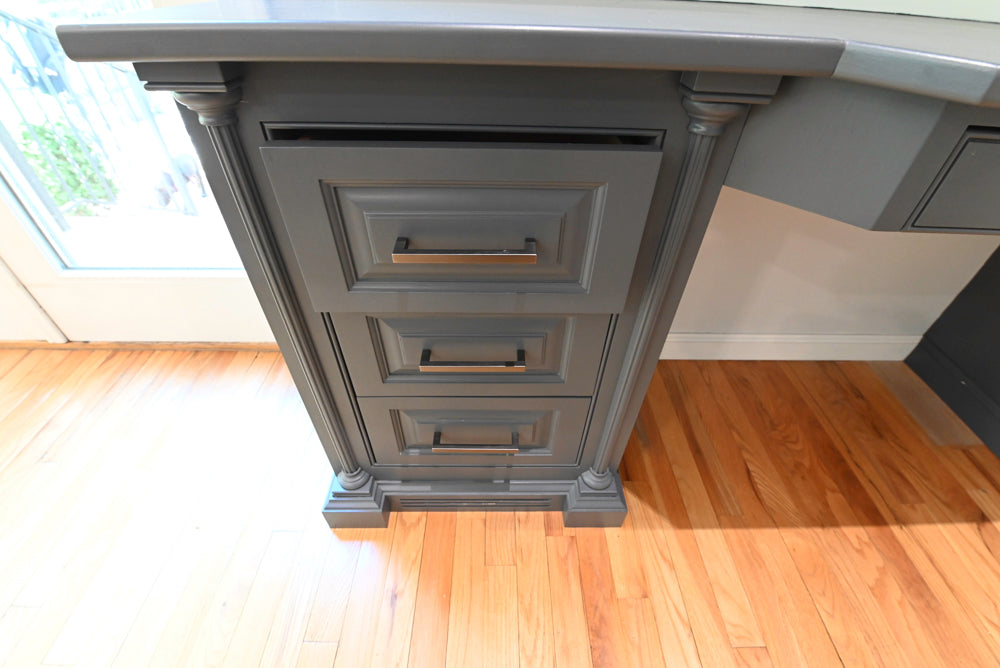 The Montgomery transitional built in desk in premium Santorini Blue lacquer