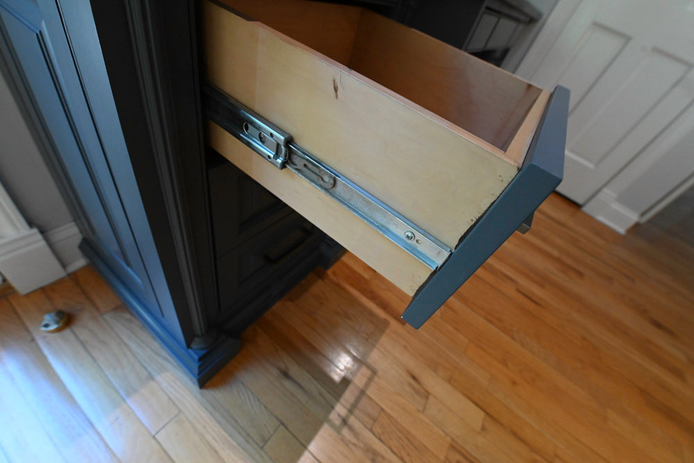 Pre owned custom wood built in desk unit featuring soft close storage drawer